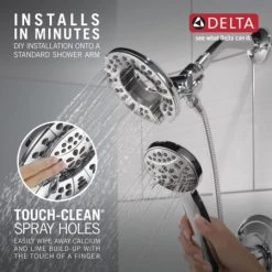 Delta Arvo Pressure Balanced Shower System with Shower Head, Hand Shower, Shower Arm, Hose, and Valve Trim -Delta Sales Store 142840 I In2itionTouchCleanShower Infographic