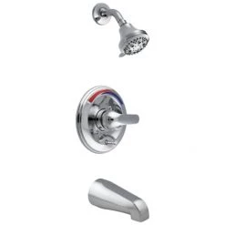 Delta Commercial Single Handle Tub and Shower Valve Trim with Push Button Diverter and Metal Lever Handle