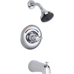 Delta Single Handle Tub and Shower Valve Trim with Metal Blade Handle and 1.5GPM Single Function Shower Head from the Commercial Series