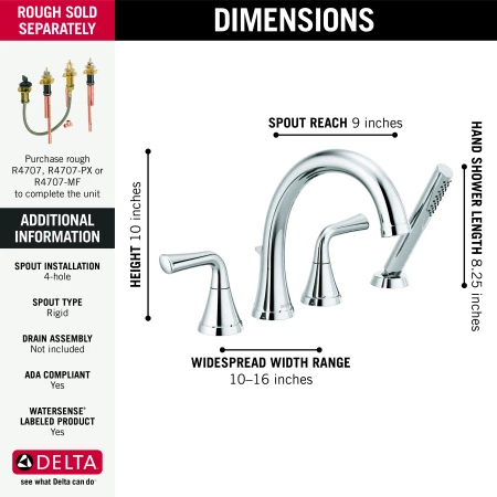 Delta Kayra Deck Mounted Roman Tub Filler with Built-In Diverter - Includes Hand Shower 4 Delta Kayra Deck Mounted Roman Tub Filler with Built-In Diverter - Includes Hand Shower - Image 2