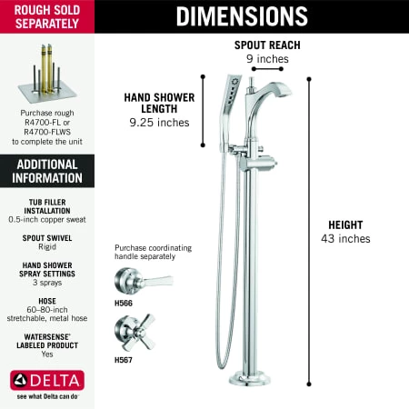 Delta Dorval Floor Mounted Tub Filler with Integrated Diverter and Hand Shower - Less Rough In 4 Delta Dorval Floor Mounted Tub Filler with Integrated Diverter and Hand Shower - Less Rough In - Image 2