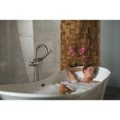 Delta Floor Mounted Tub Filler with Hand Shower and Hose - Rough-in Valve Included -Delta Sales Store delta t4759 fl r4700 fl installed tub filler in chrome in use 4