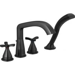 Delta Stryke Deck Mounted Roman Tub Filler with Cross Handles and Built-In Diverter - Includes Hand Shower